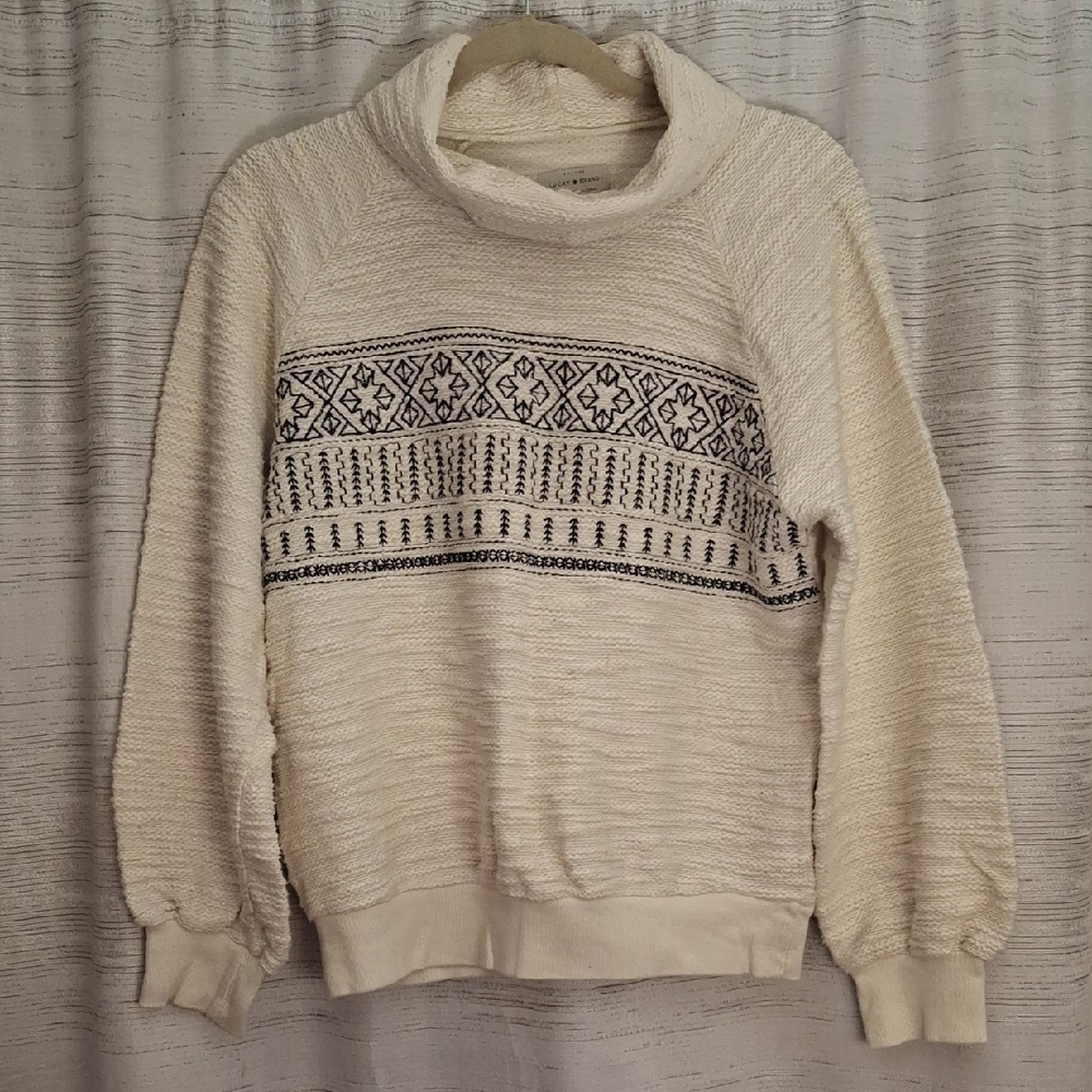 Lucky Brand Cream and Black Patterned Cowl Neck Sweater Medium